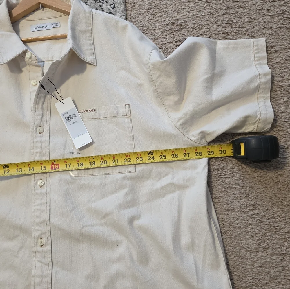 Calvin Klein Button Up Camp Shirt Collared Shortsleeve Mens XXL Cream Cotton - Picture 6 of 7